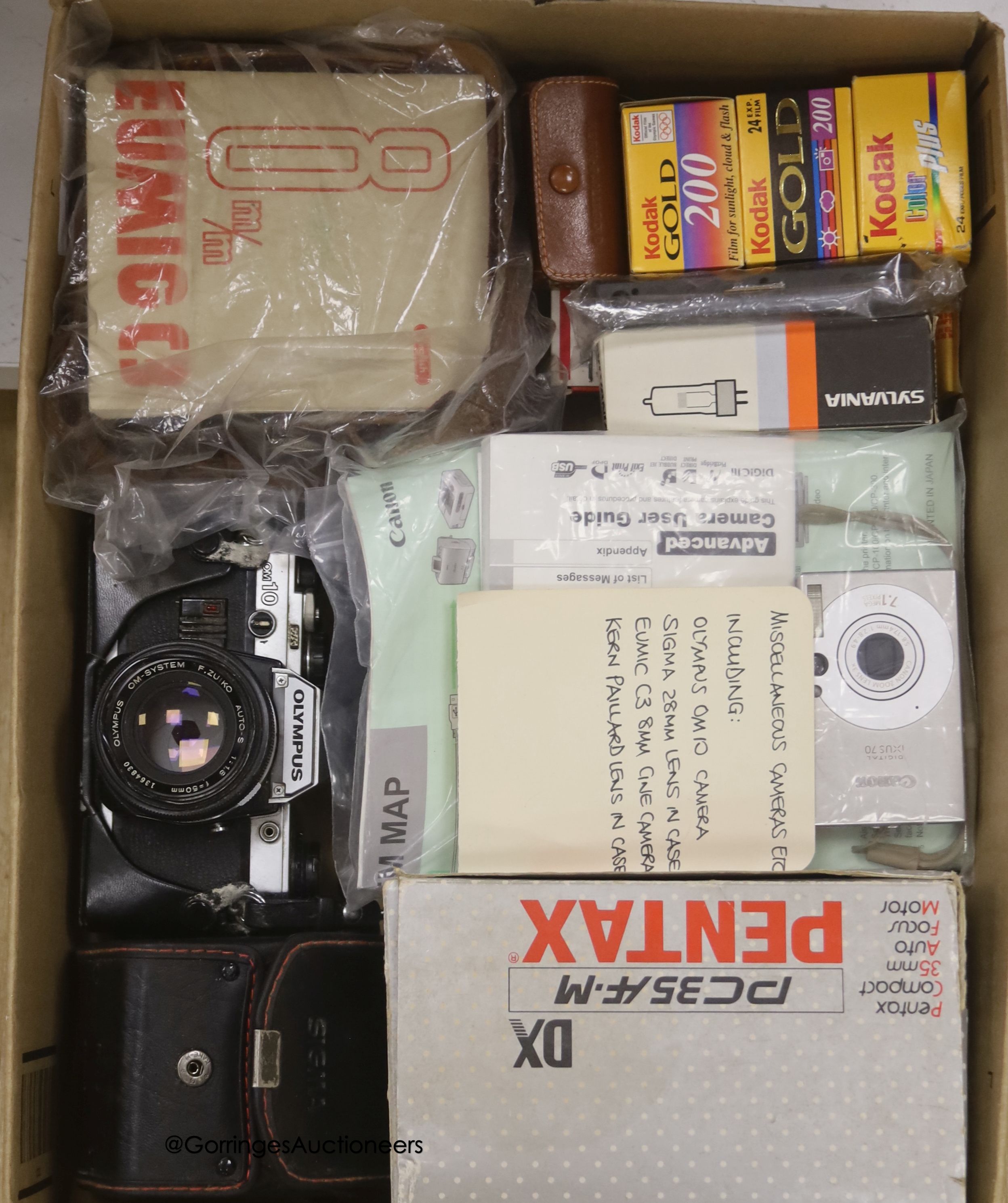 Assorted camera equipment to include a Kern Paillard lens, a Sigma 28mm lens, Eumic cine camera, etc.